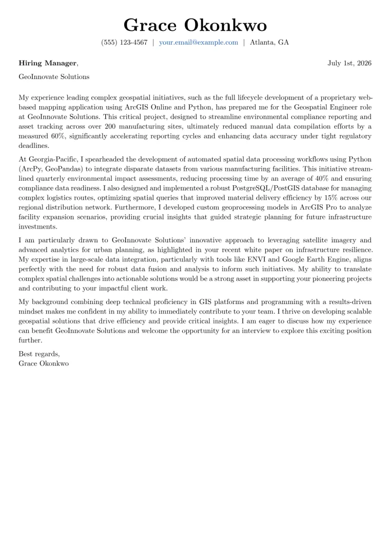 Geospatial Engineer cover letter example preview