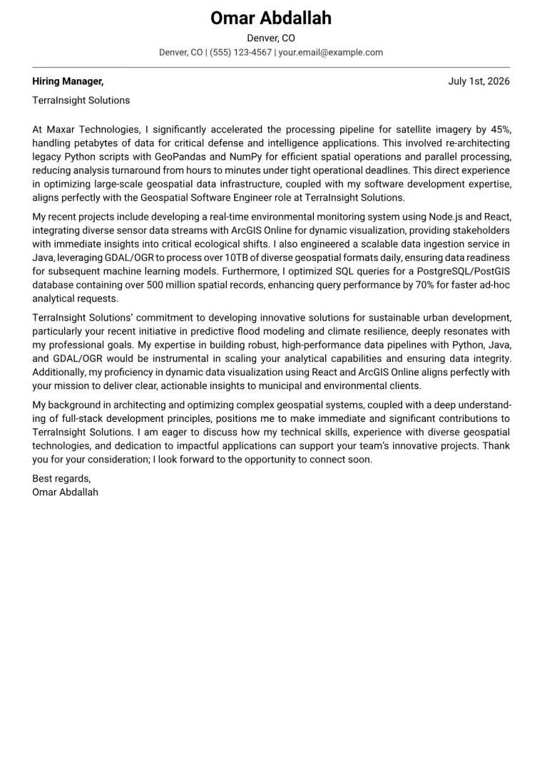 Geospatial Software Engineer cover letter example