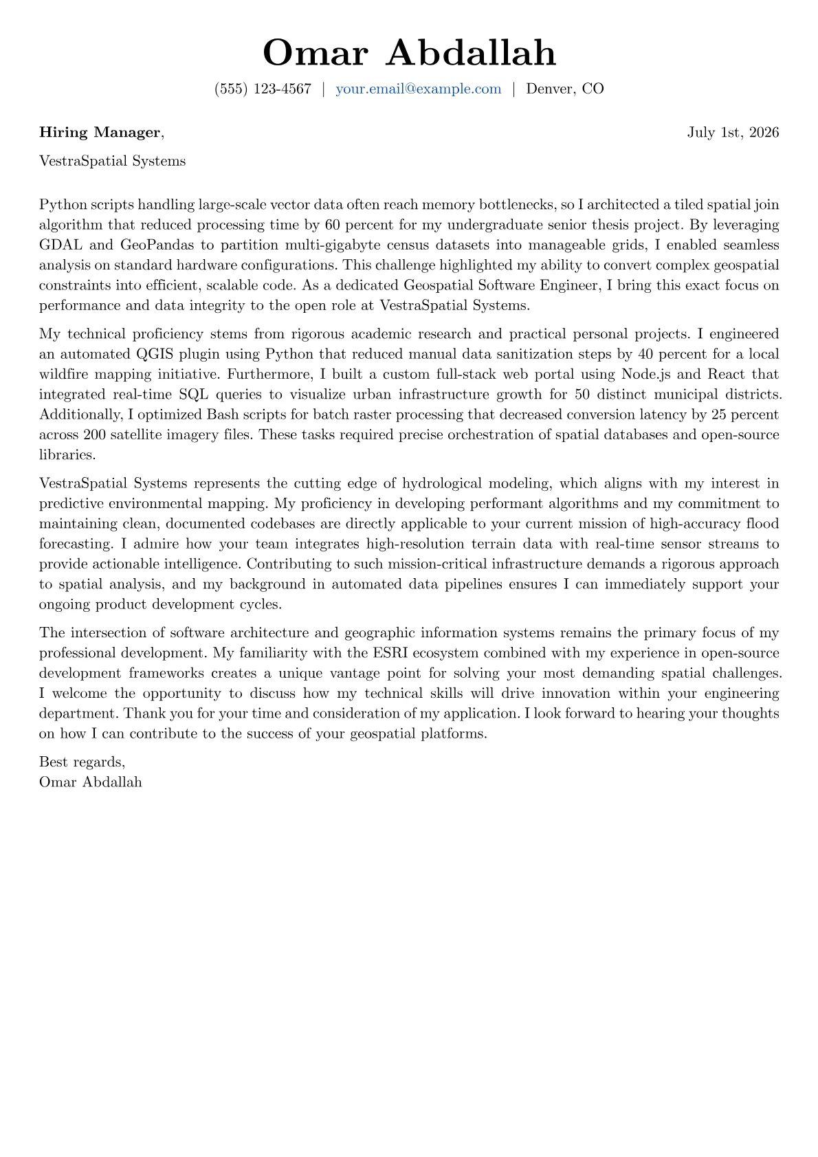 Geospatial Software Engineer cover letter in the Basic design