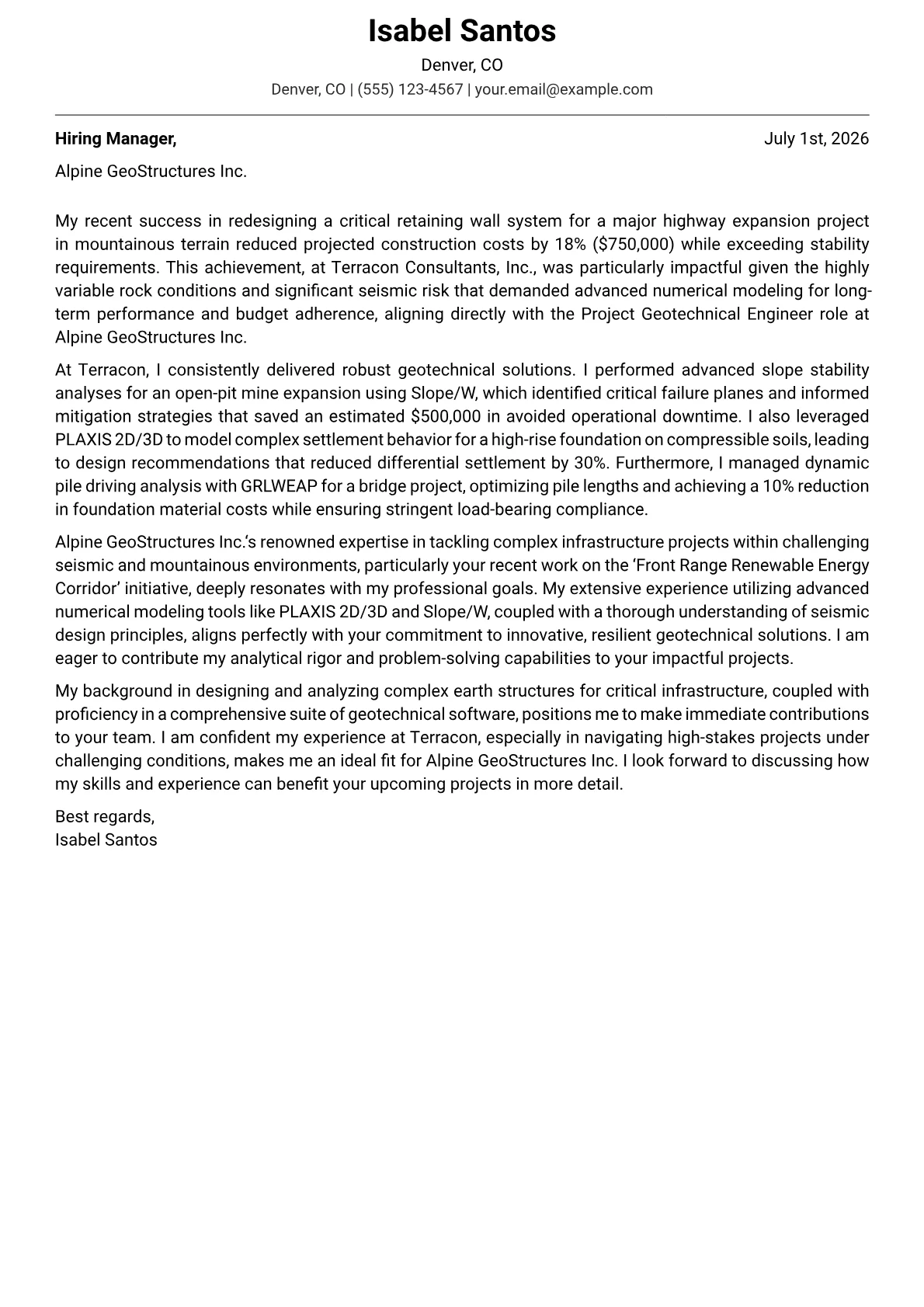 Geotechnical Engineer cover letter formatted with a JobSprout template