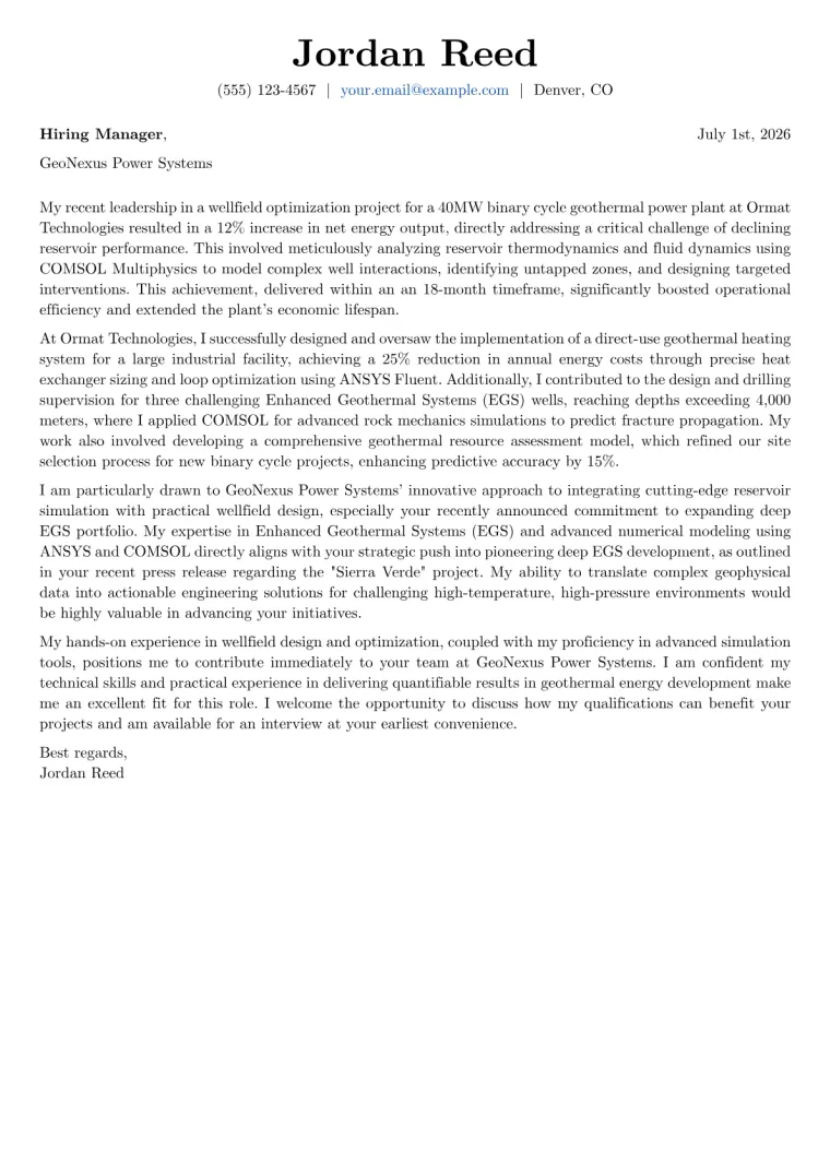 Geothermal Engineer cover letter example preview