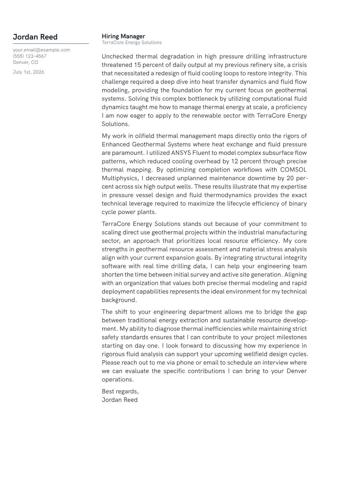 Geothermal Engineer cover letter in the Margin design