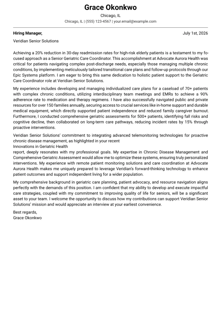 Geriatric Care Coordinator cover letter example preview