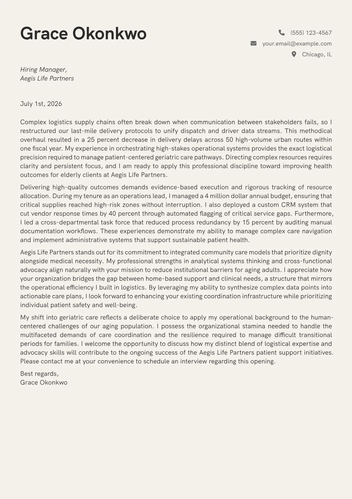 Geriatric Care Coordinator cover letter in the Creative design