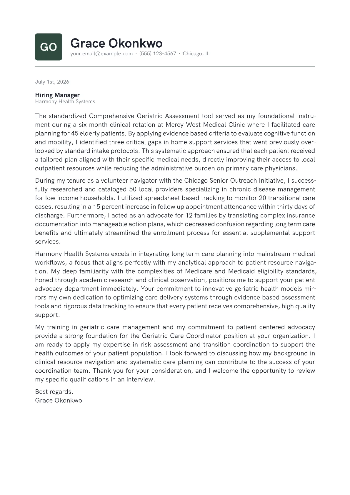 Geriatric Care Coordinator cover letter in the Emblem design