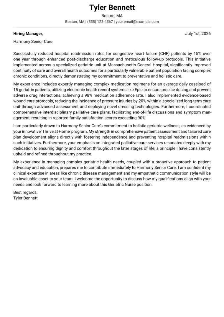 Geriatric Nurse Cover Letter Example