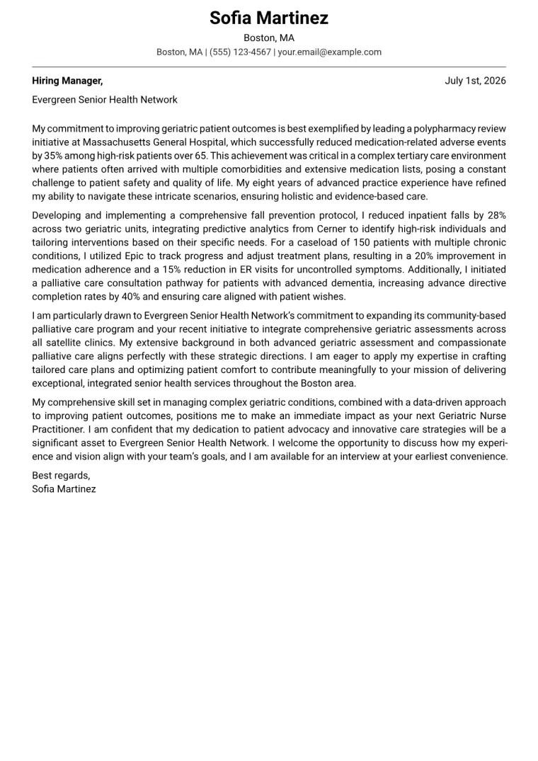 Geriatric Nurse Practitioner cover letter example preview