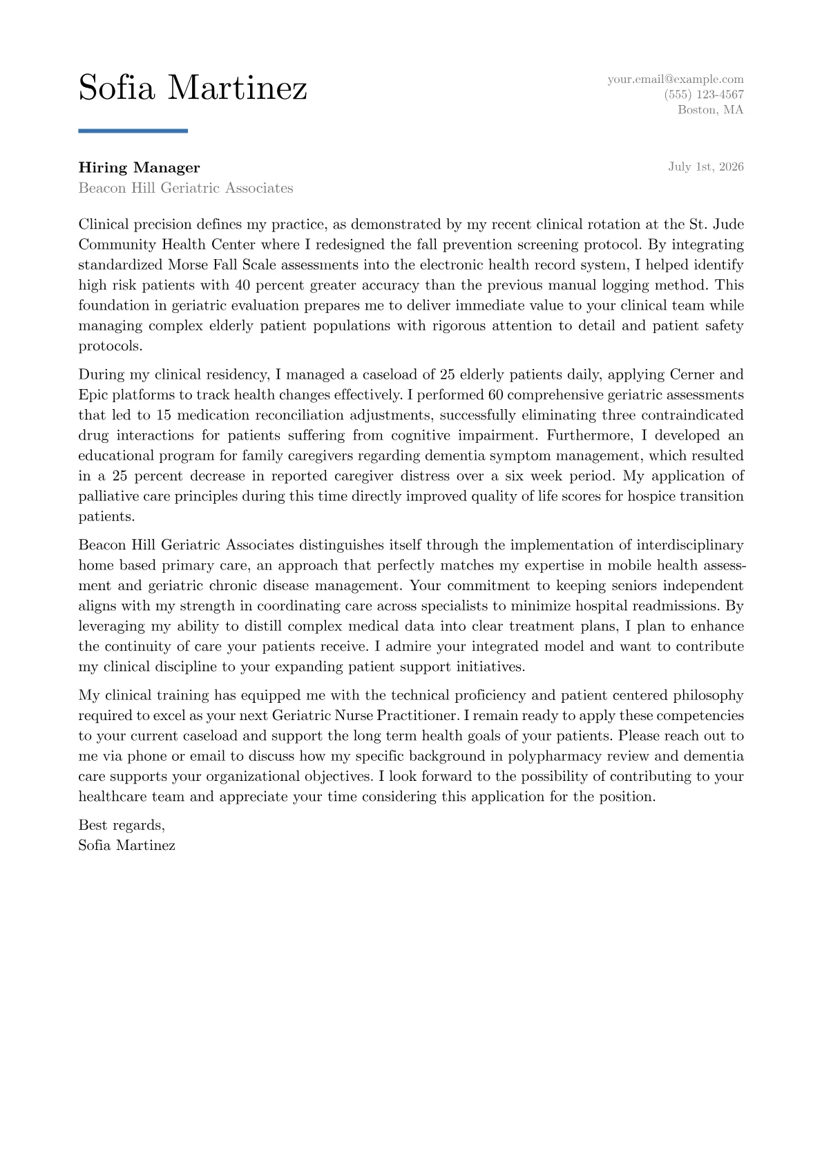 Geriatric Nurse Practitioner cover letter in the Executive design