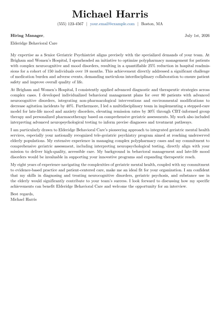 Geriatric Psychiatrist cover letter example preview