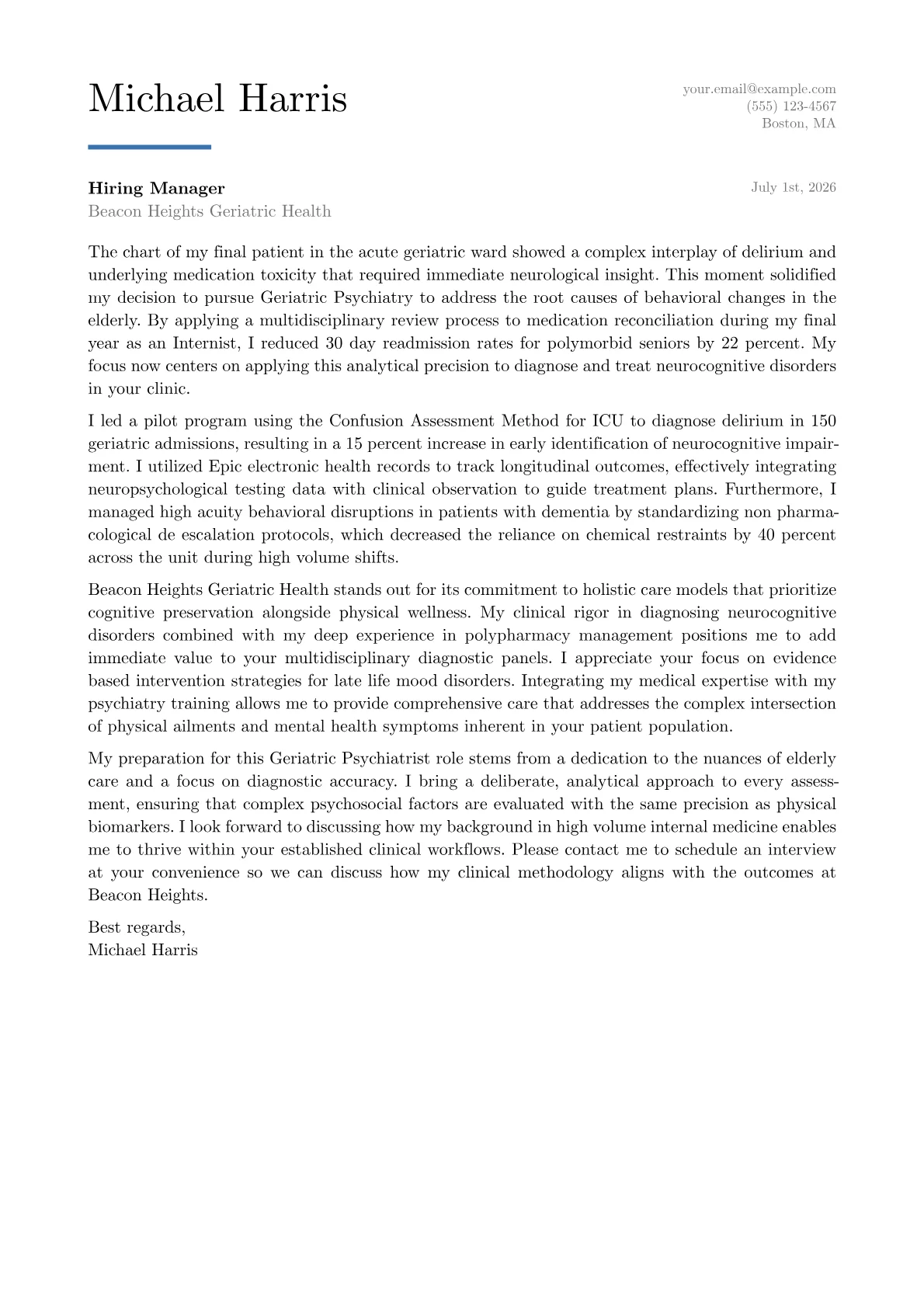 Geriatric Psychiatrist cover letter in the Executive design