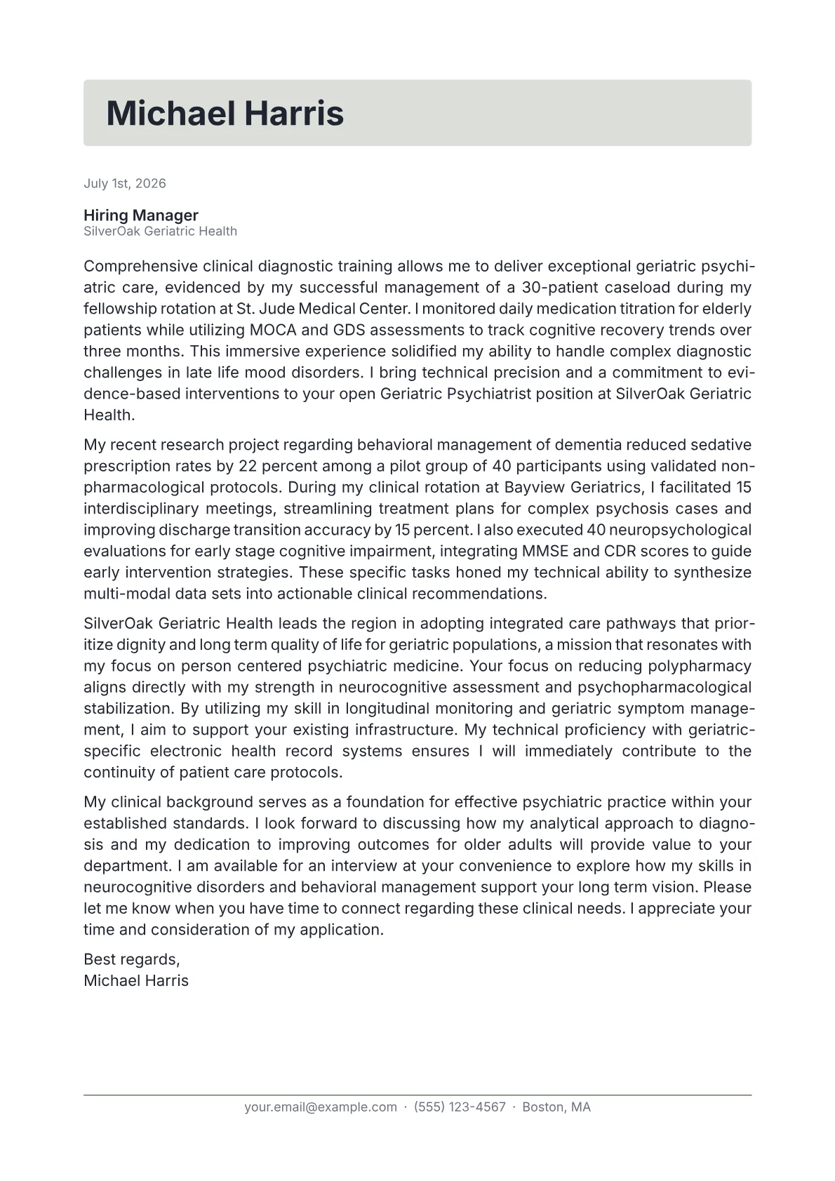 Geriatric Psychiatrist cover letter in the Letterhead design