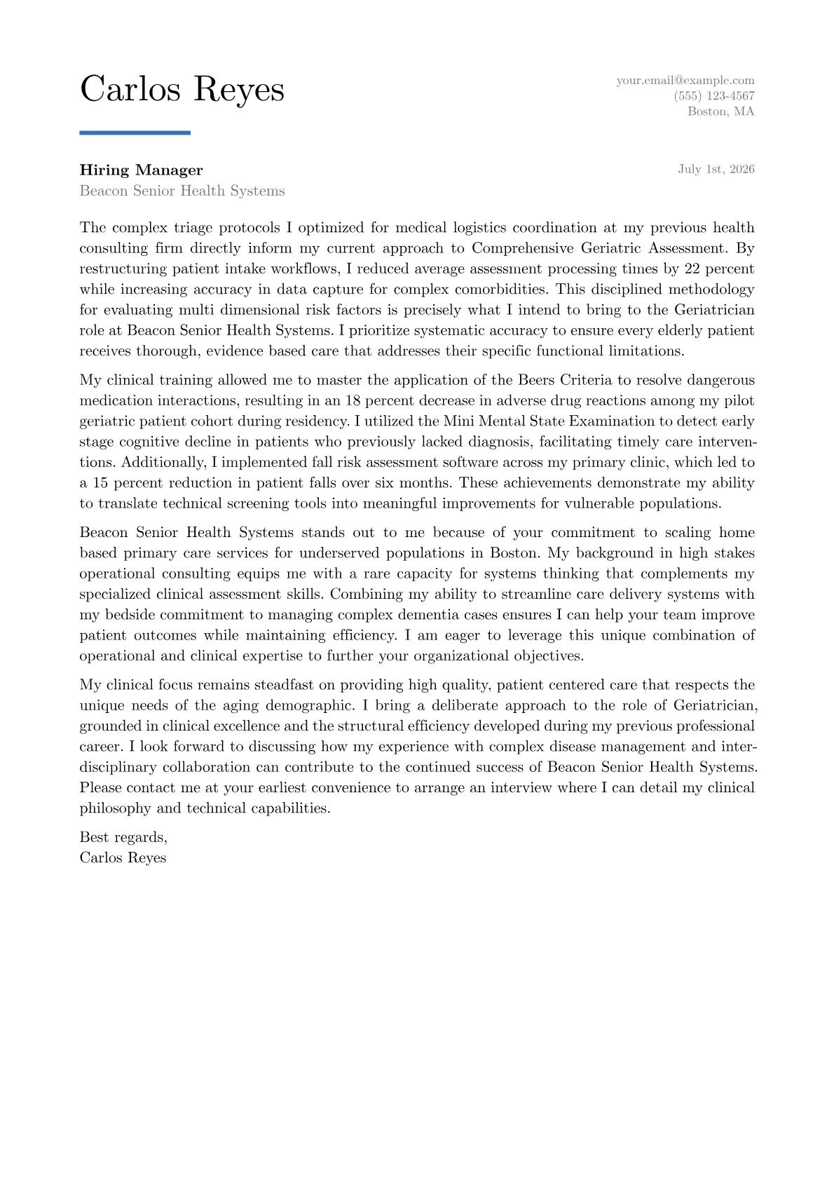 Geriatrician cover letter in the Executive design