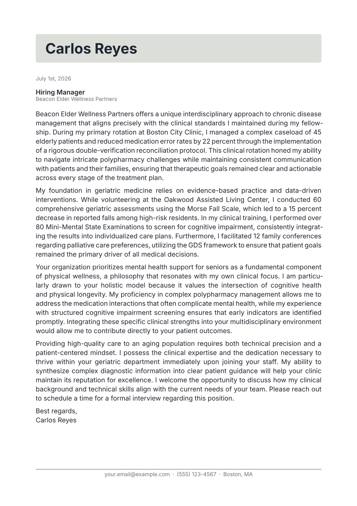 Geriatrician cover letter in the Letterhead design