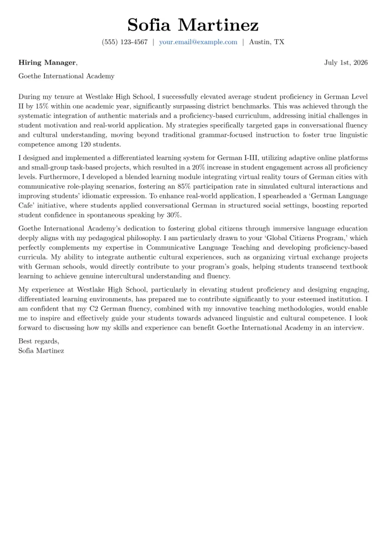 German Teacher Cover Letter Example