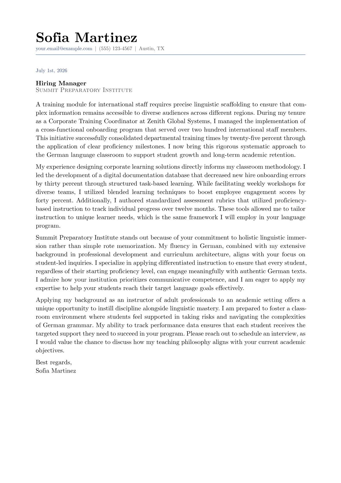 German Teacher cover letter in the Classic design