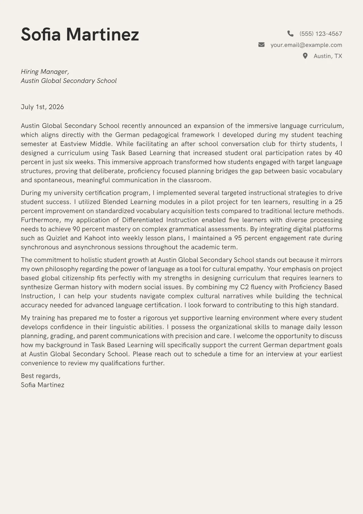 German Teacher cover letter in the Creative design