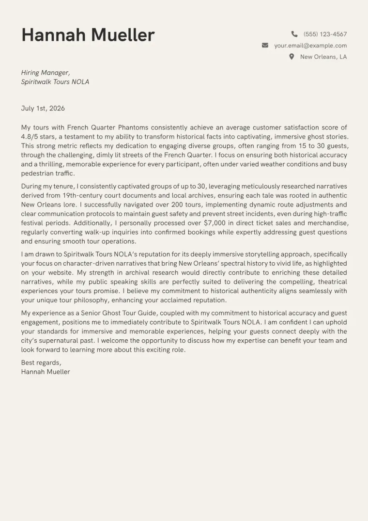 Ghost Tour Guide cover letter example preview