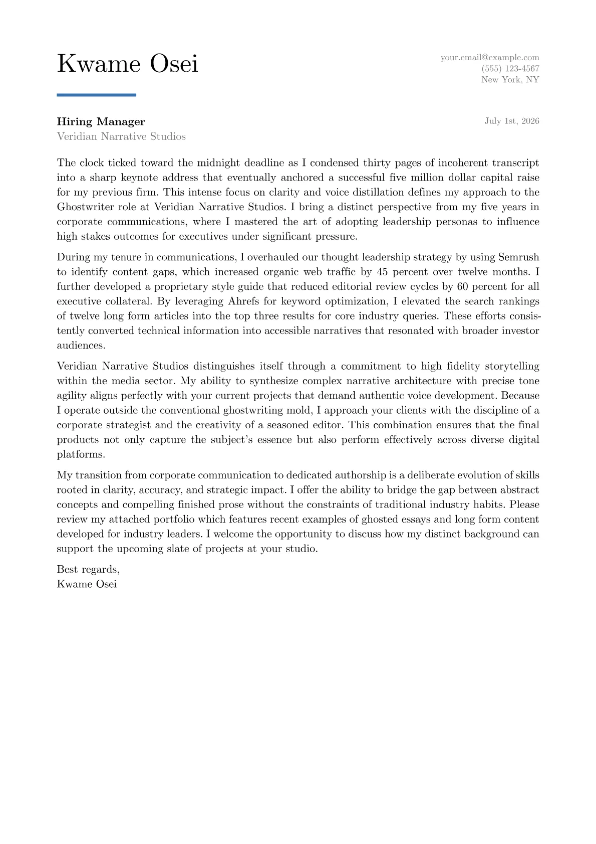 Ghostwriter cover letter in the Executive design