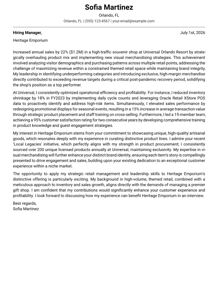 Gift Shop Manager cover letter example preview