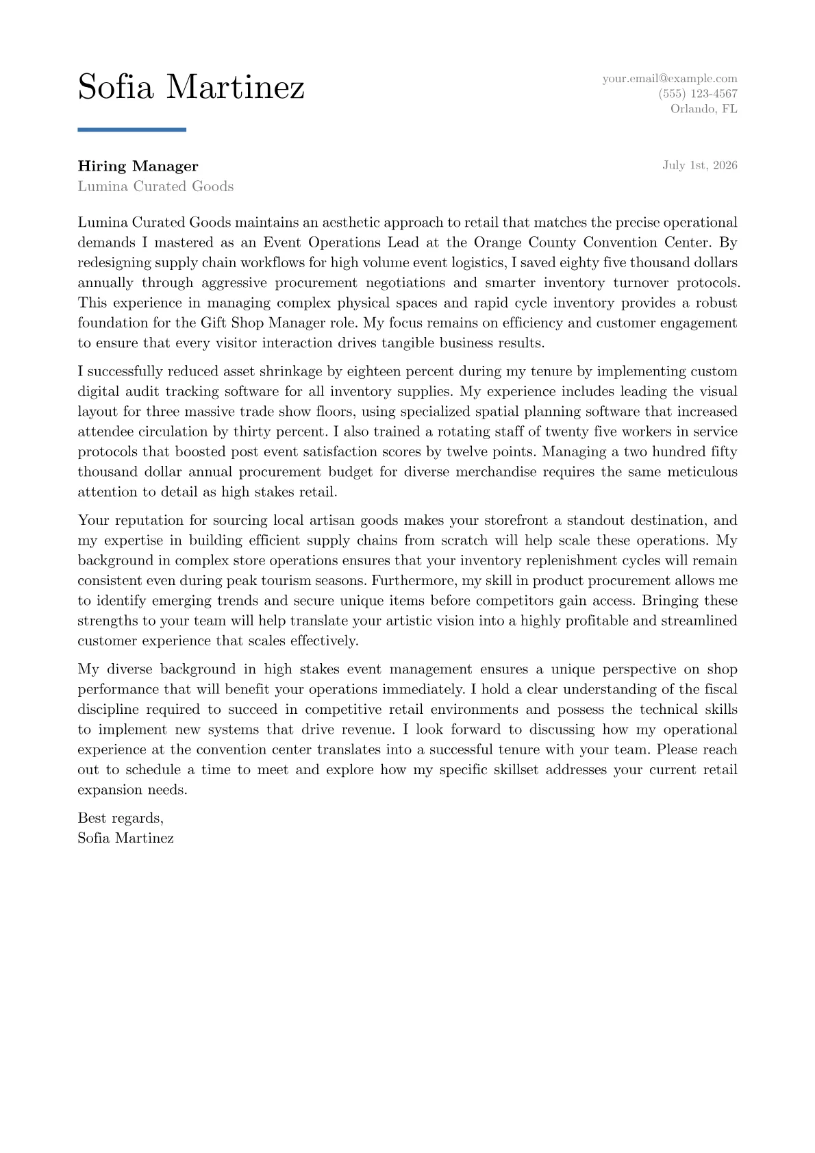 Gift Shop Manager cover letter in the Executive design