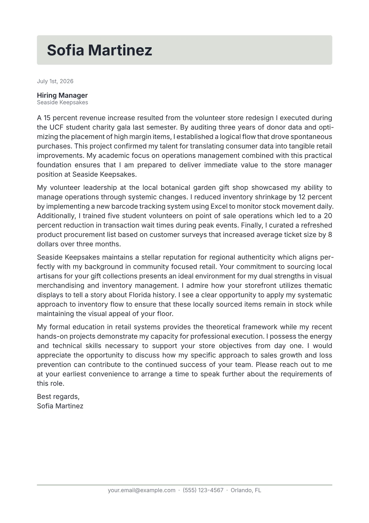 Gift Shop Manager cover letter in the Letterhead design