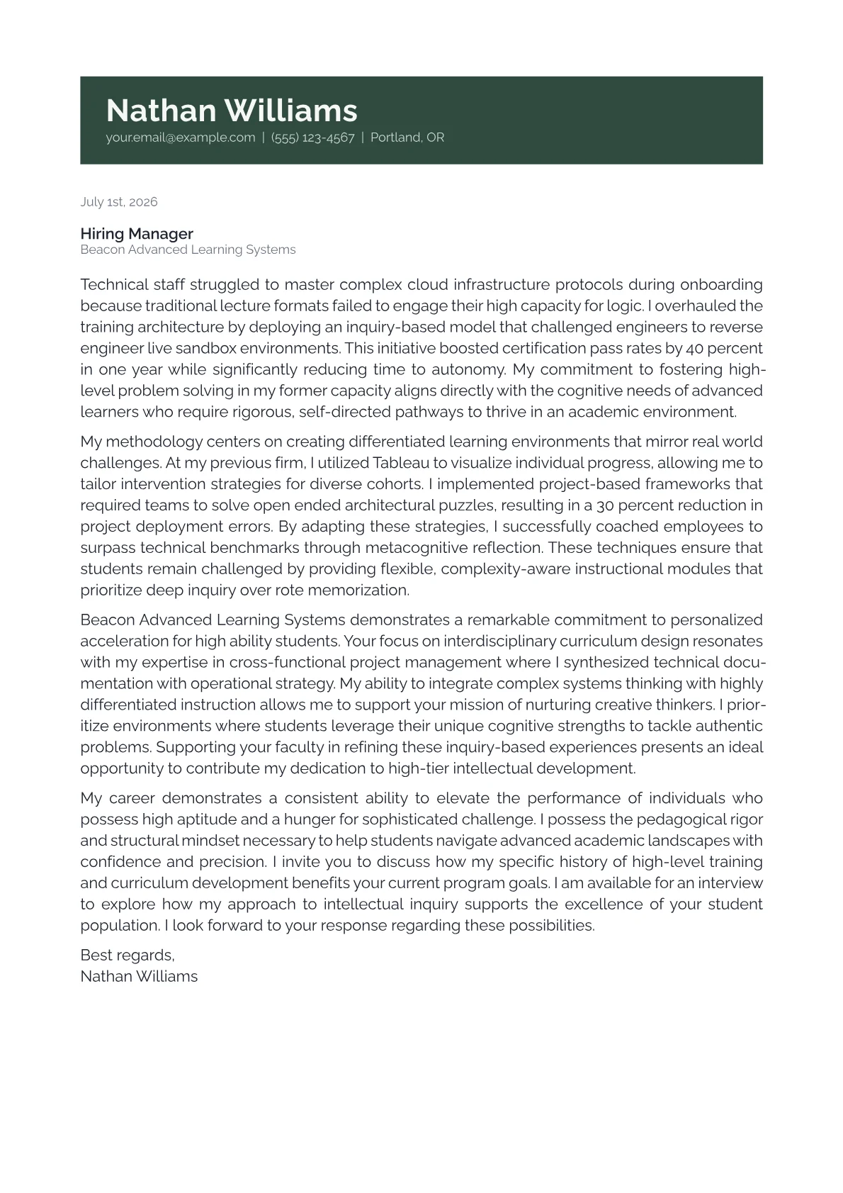 Gifted Education Teacher cover letter in the Banner design
