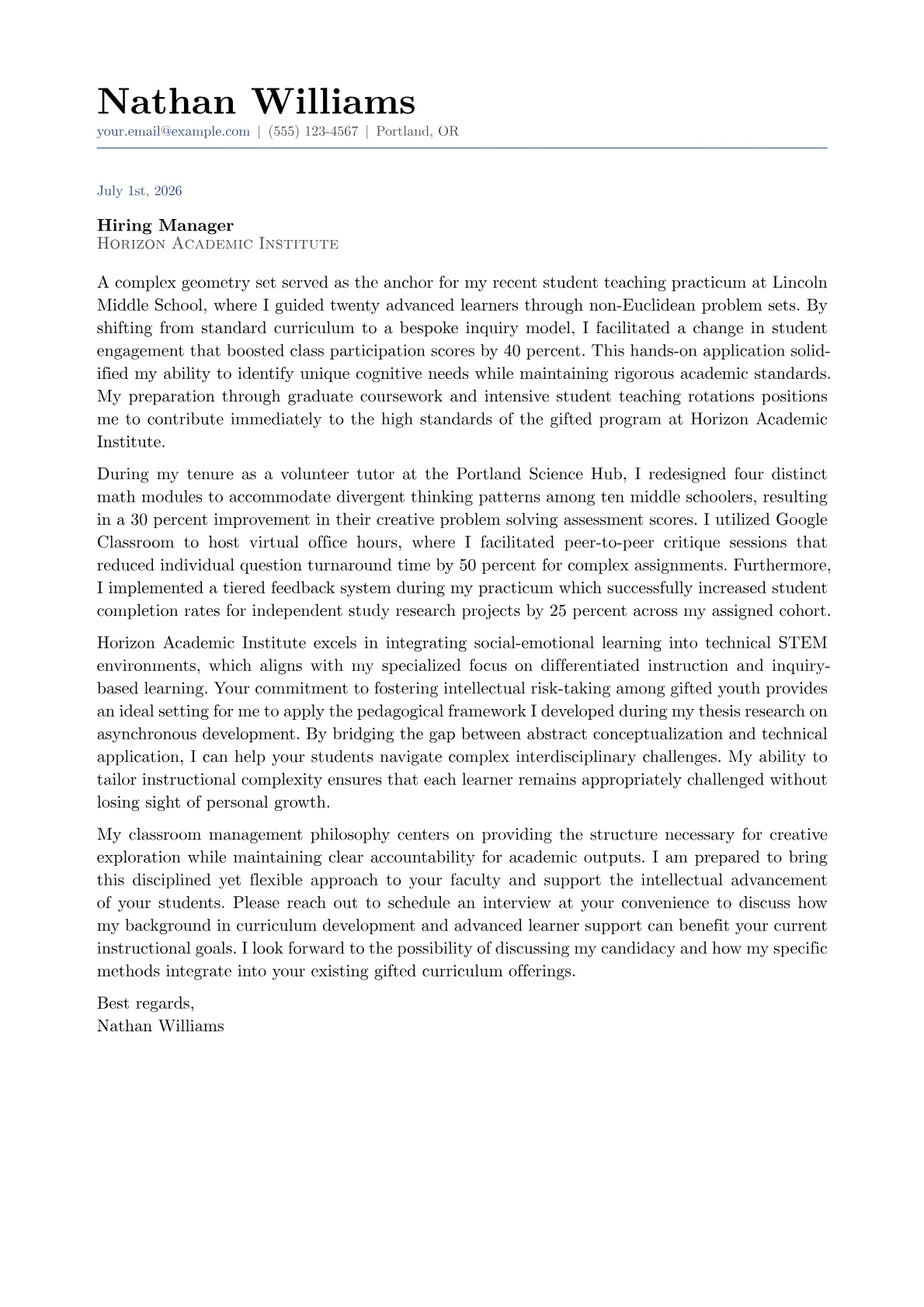 Gifted Education Teacher cover letter in the Classic design