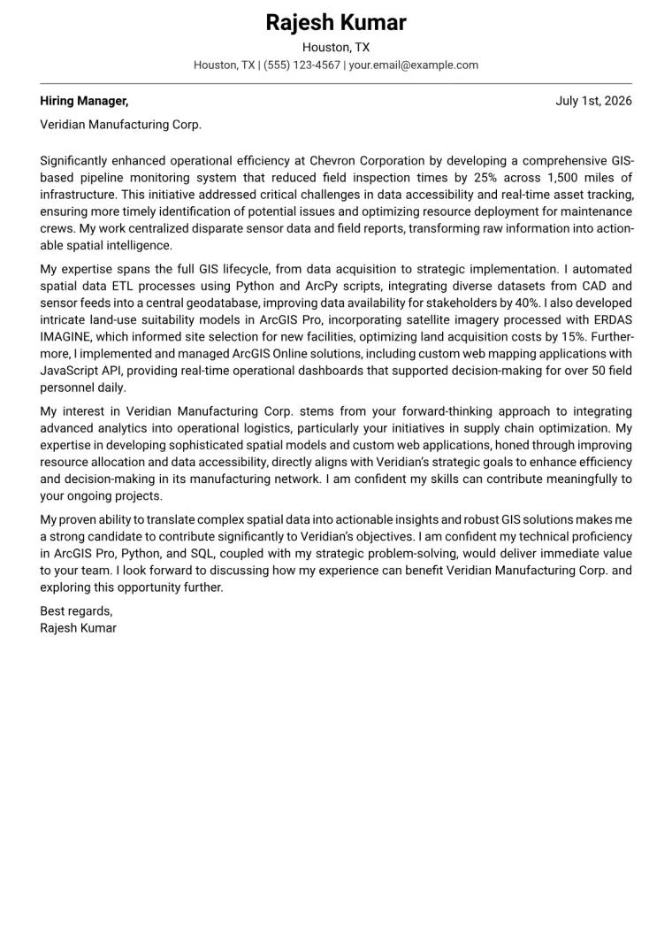 GIS Analyst cover letter example