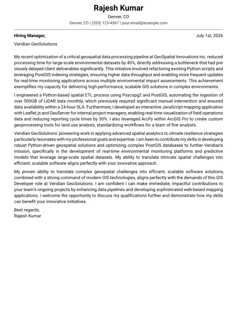 GIS Developer cover letter example