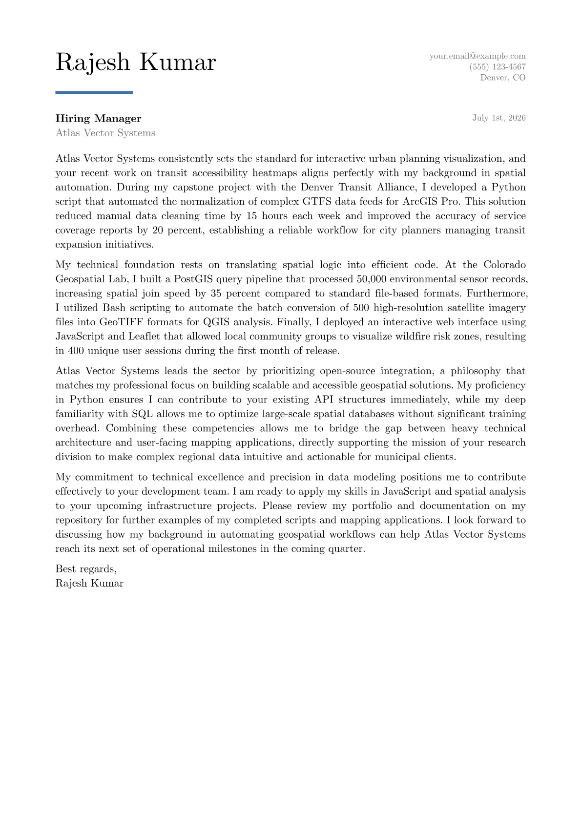 GIS Developer cover letter in the Executive design