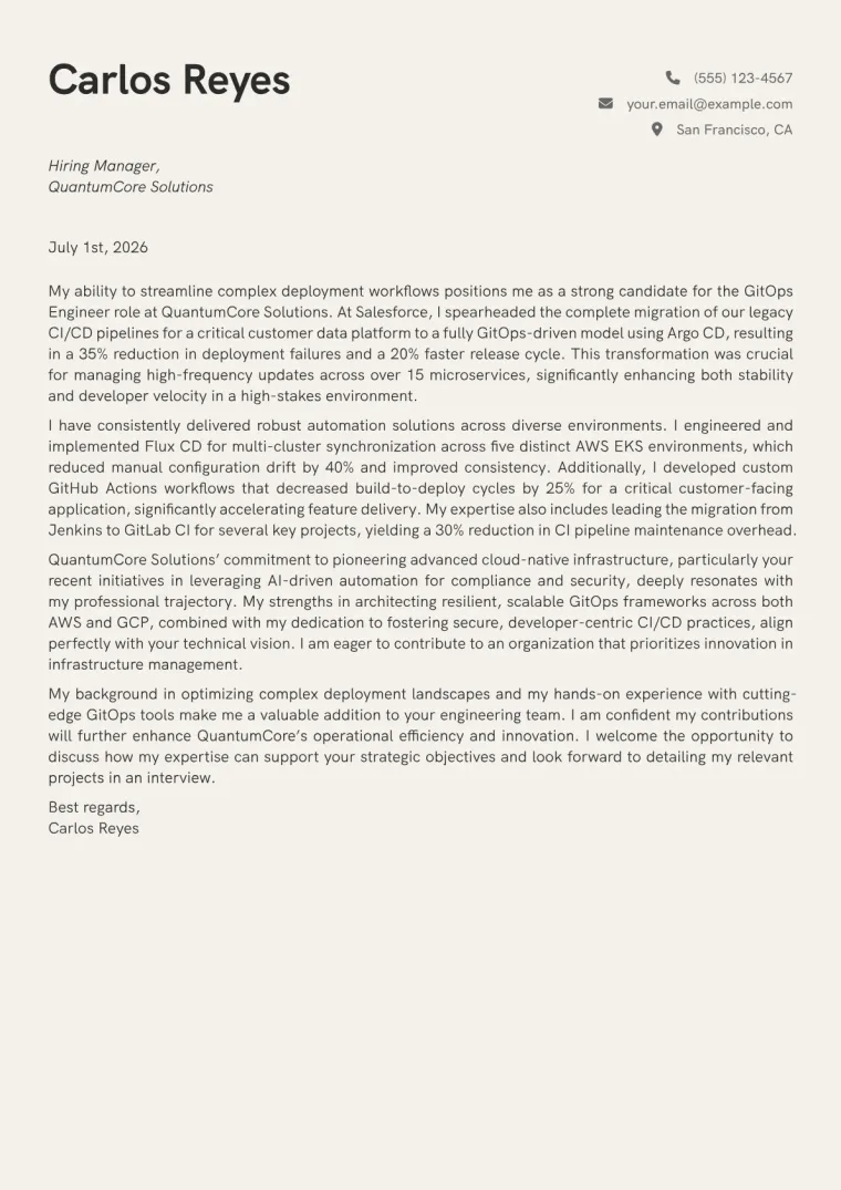 GitOps Engineer cover letter example preview