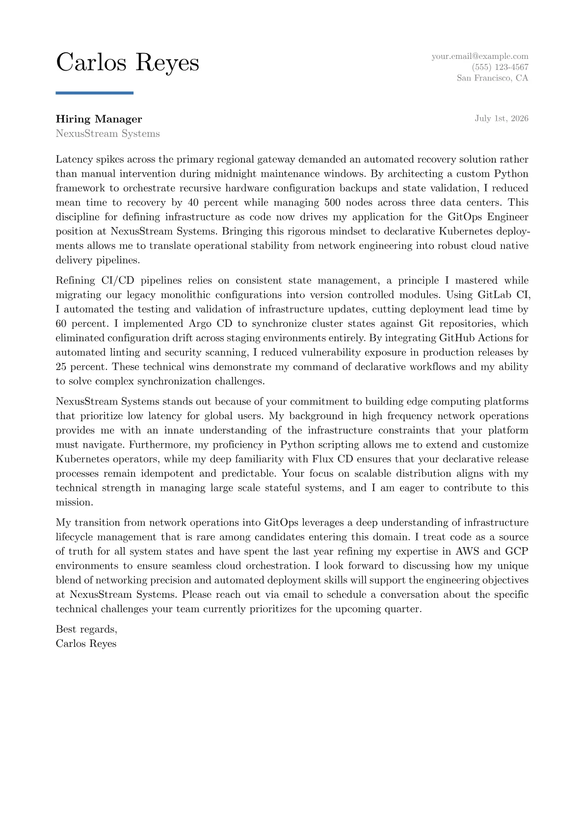 GitOps Engineer cover letter in the Executive design