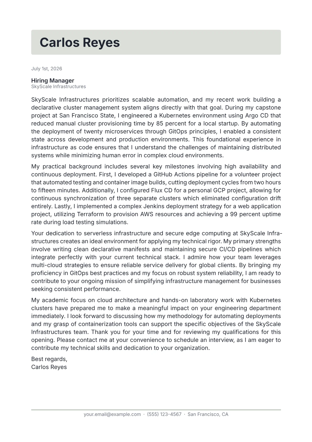 GitOps Engineer cover letter in the Letterhead design