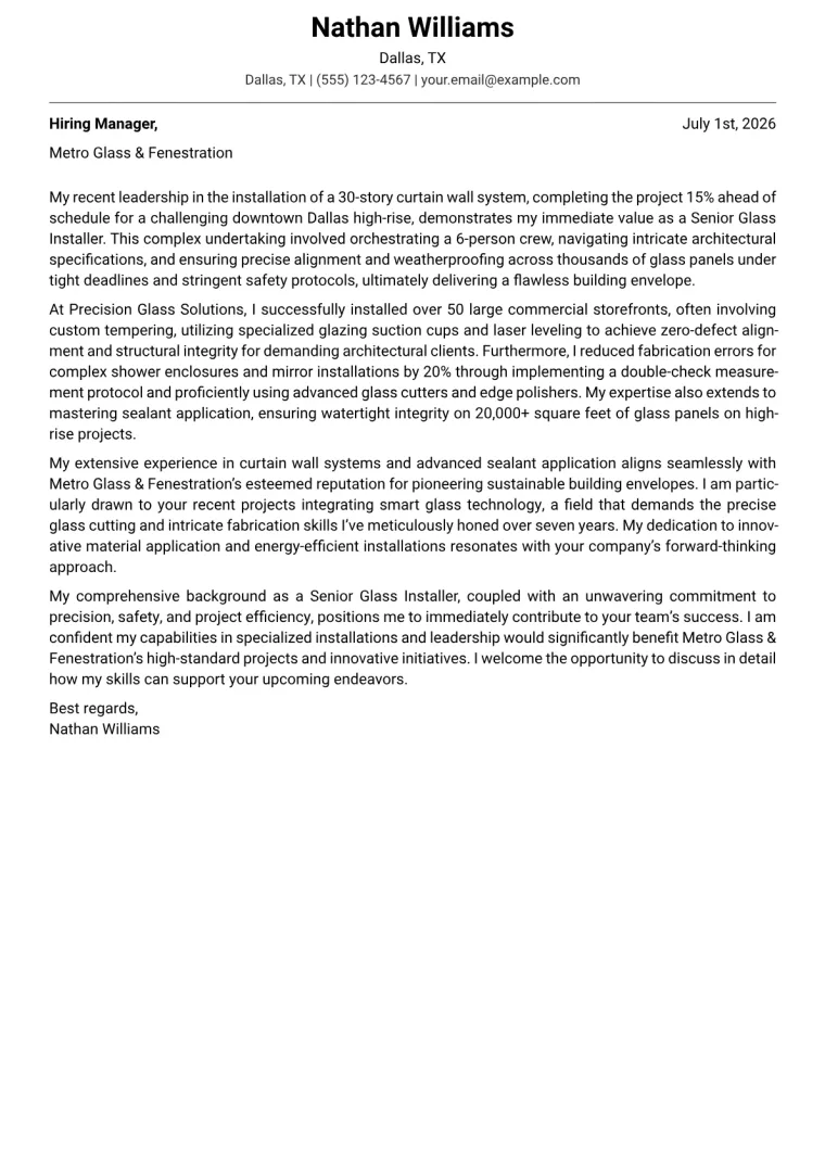 Glass Installer cover letter example
