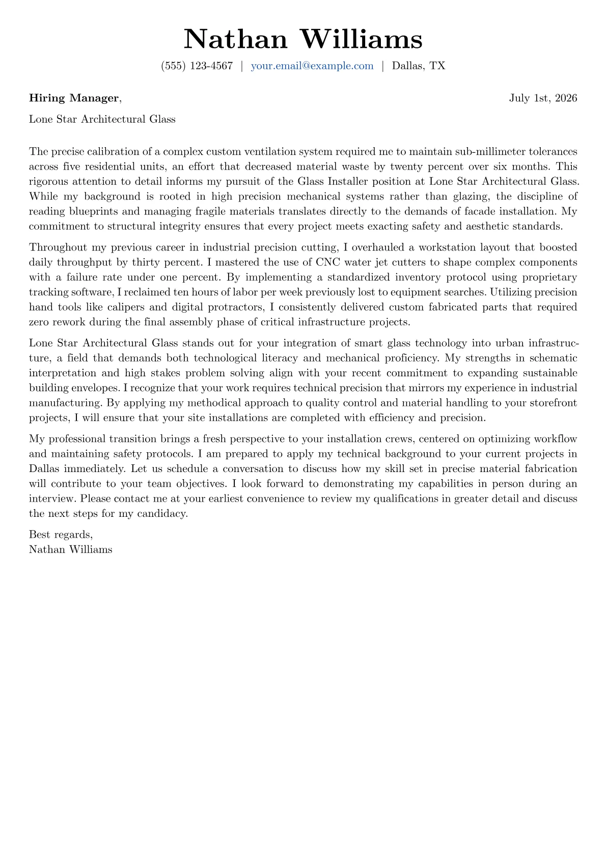 Glass Installer cover letter in the Basic design