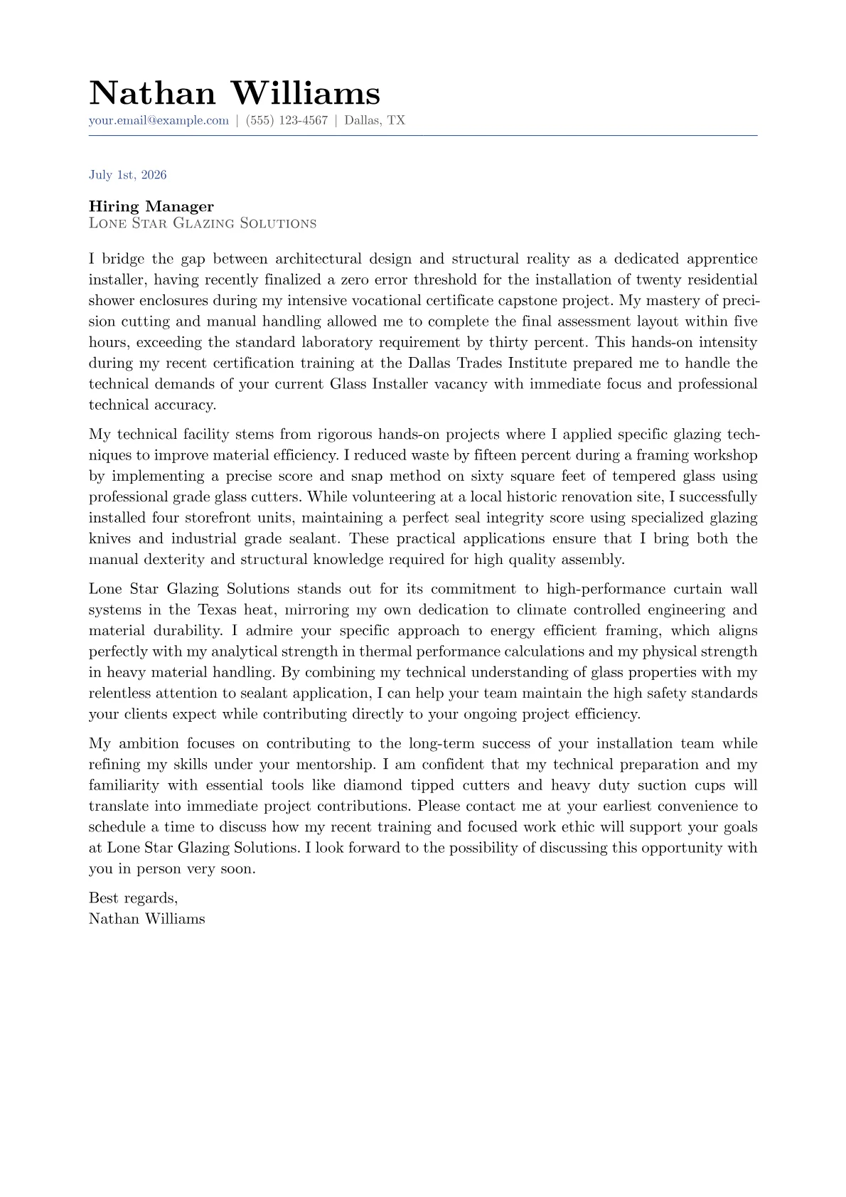 Glass Installer cover letter in the Classic design