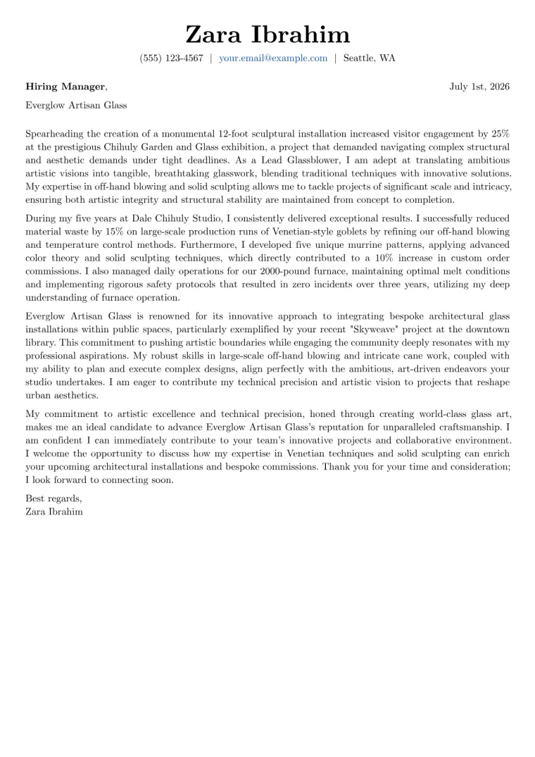 Glassblower cover letter example