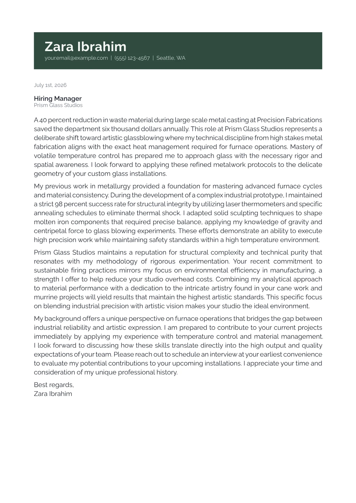 Glassblower cover letter in the Banner design