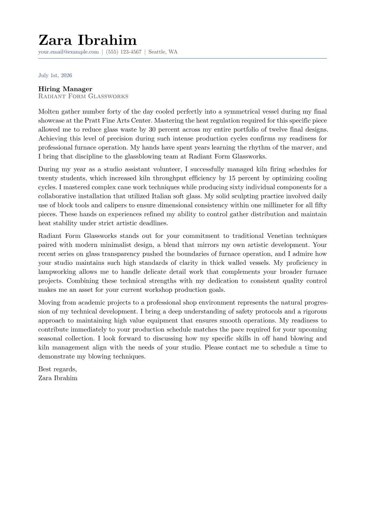 Glassblower cover letter in the Classic design