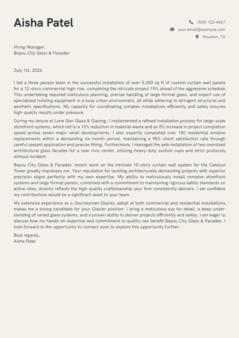 Glazier cover letter example