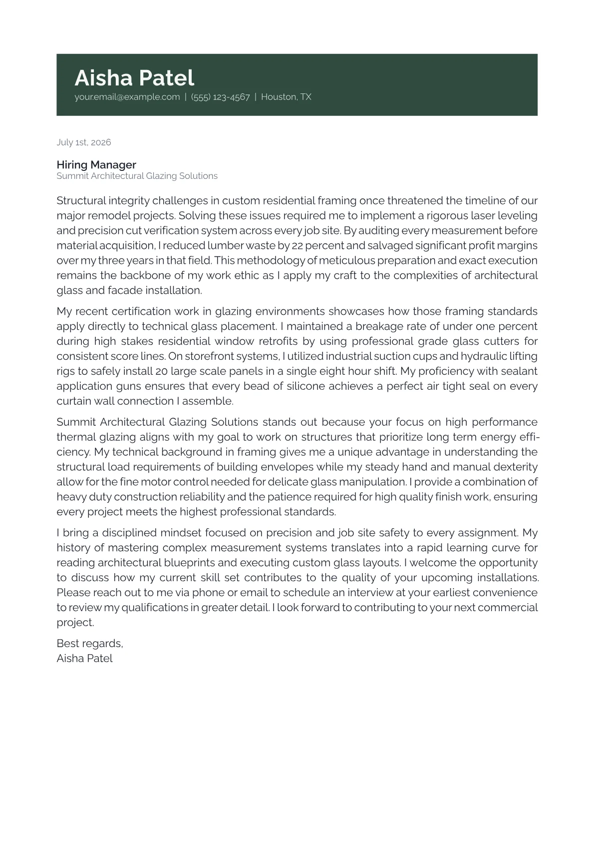 Glazier cover letter in the Banner design