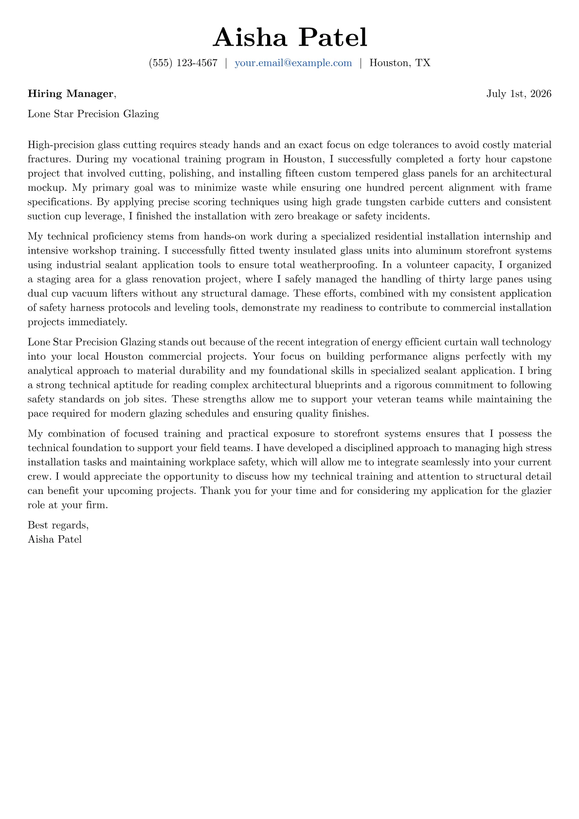 Glazier cover letter in the Basic design