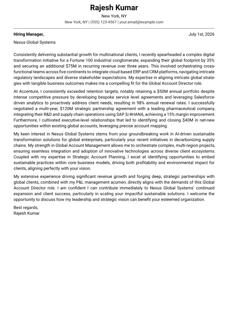 Global Account Director cover letter example preview