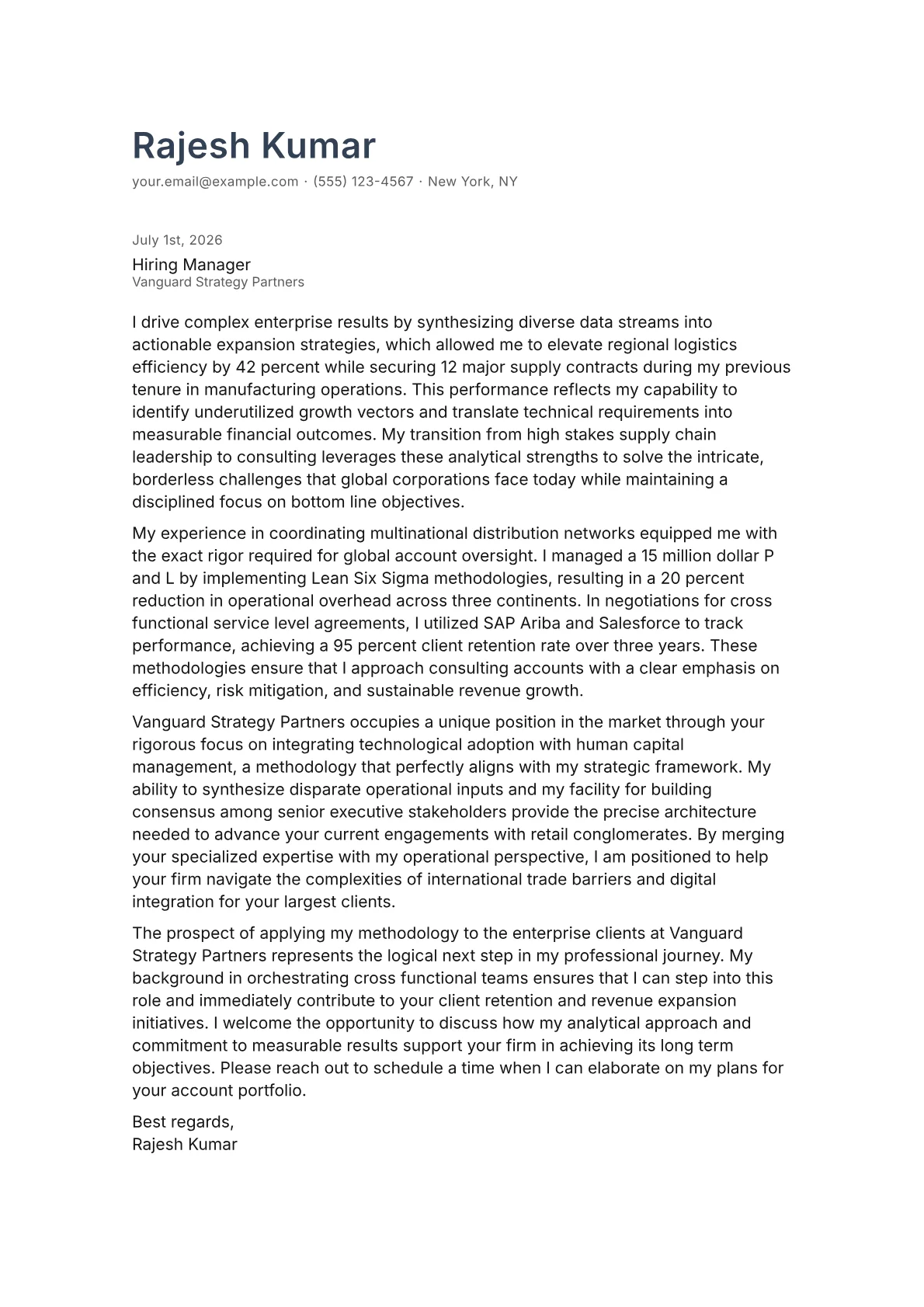 Global Account Director cover letter in the Minimal design