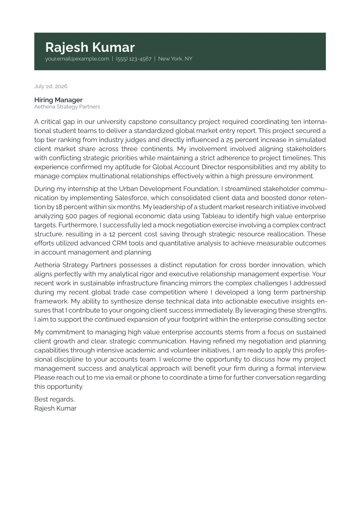 Global Account Director cover letter in the Banner design