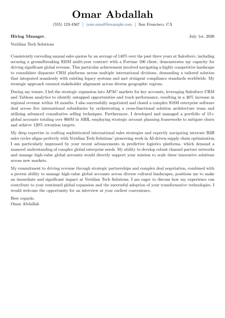 Global Account Manager cover letter example preview