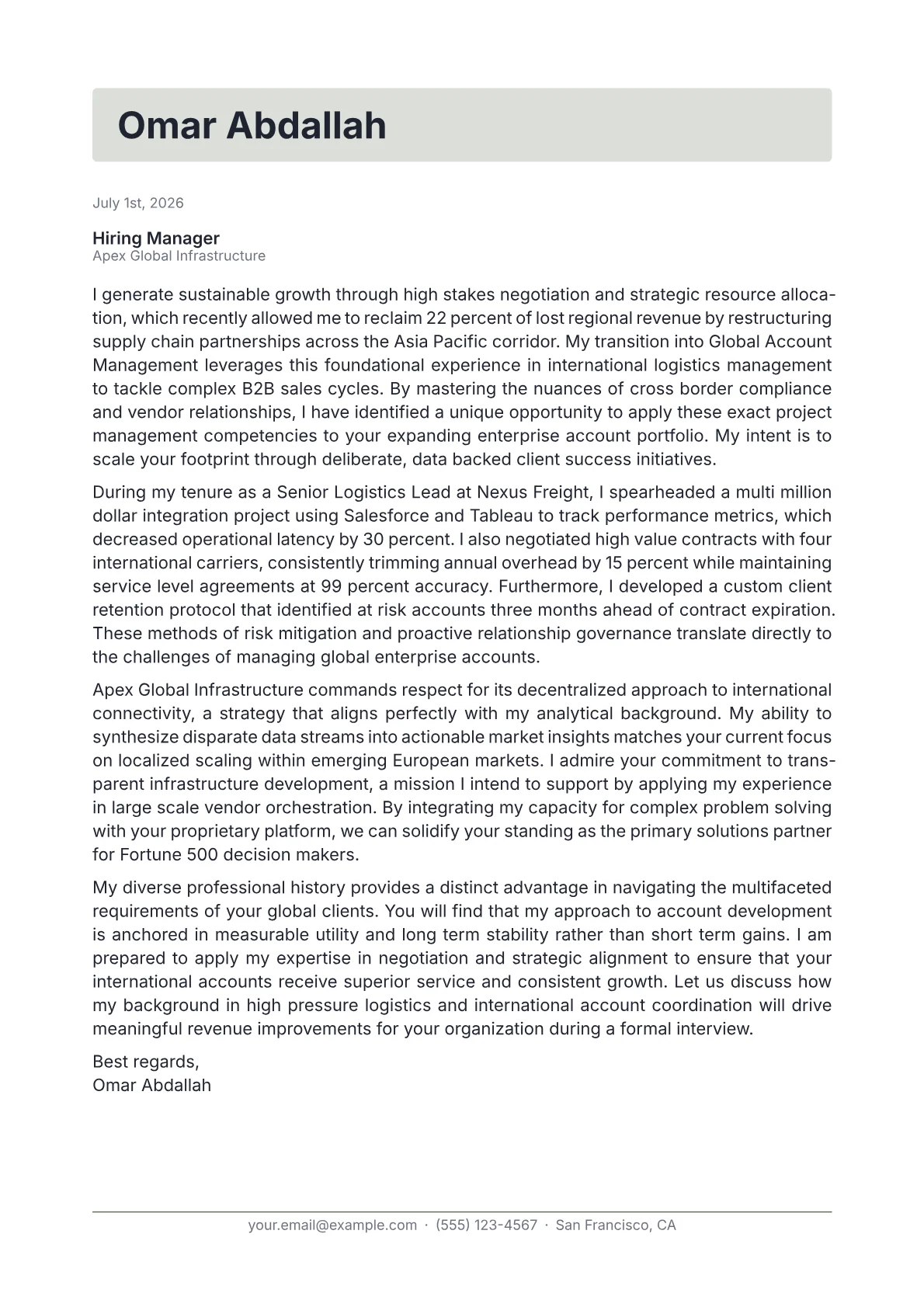 Global Account Manager cover letter in the Letterhead design