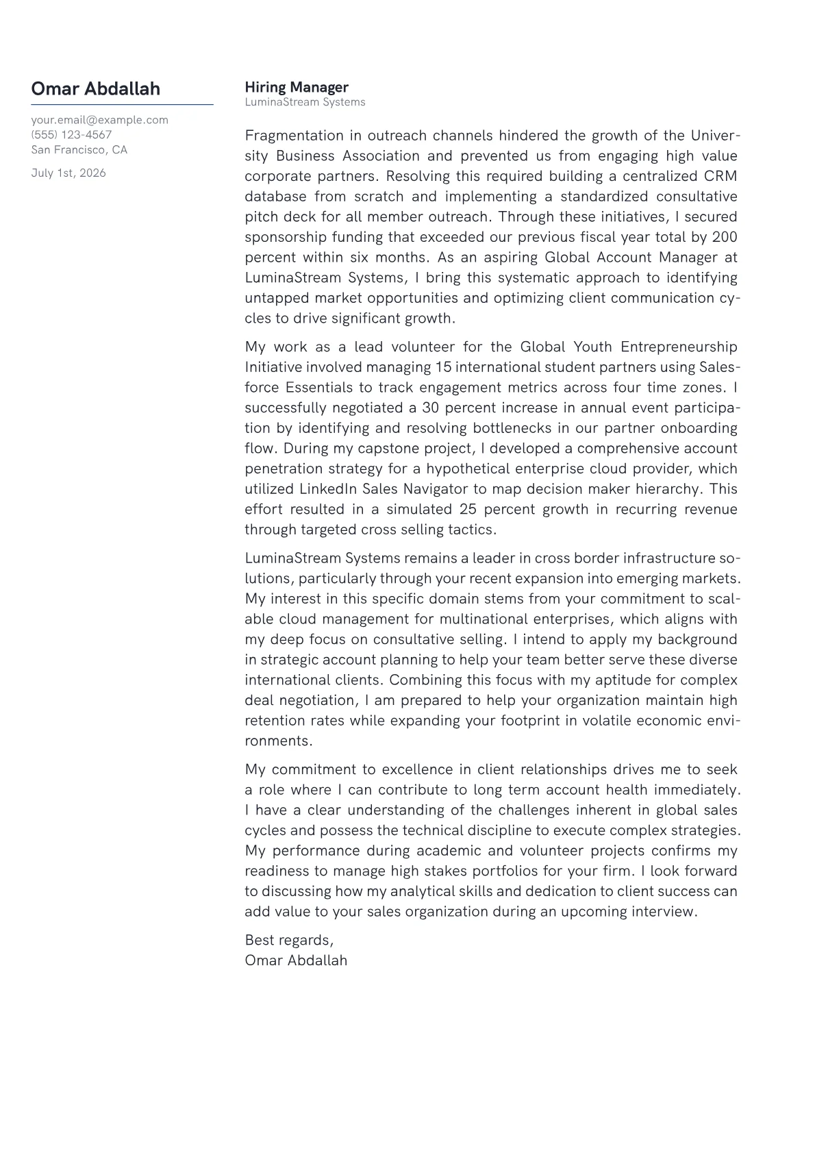 Global Account Manager cover letter in the Margin design