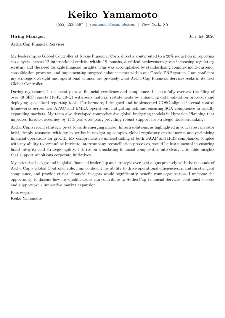 Global Controller Cover Letter Example