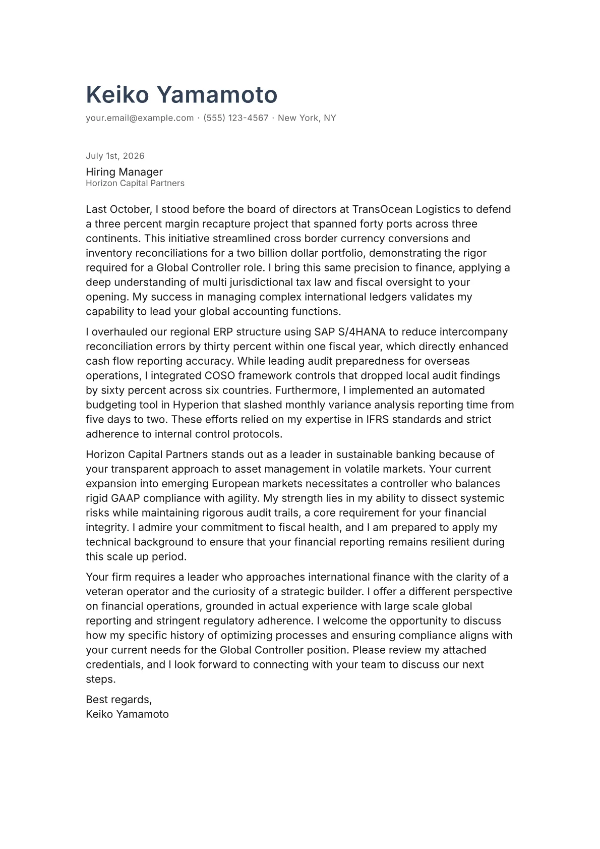 Global Controller cover letter in the Minimal design